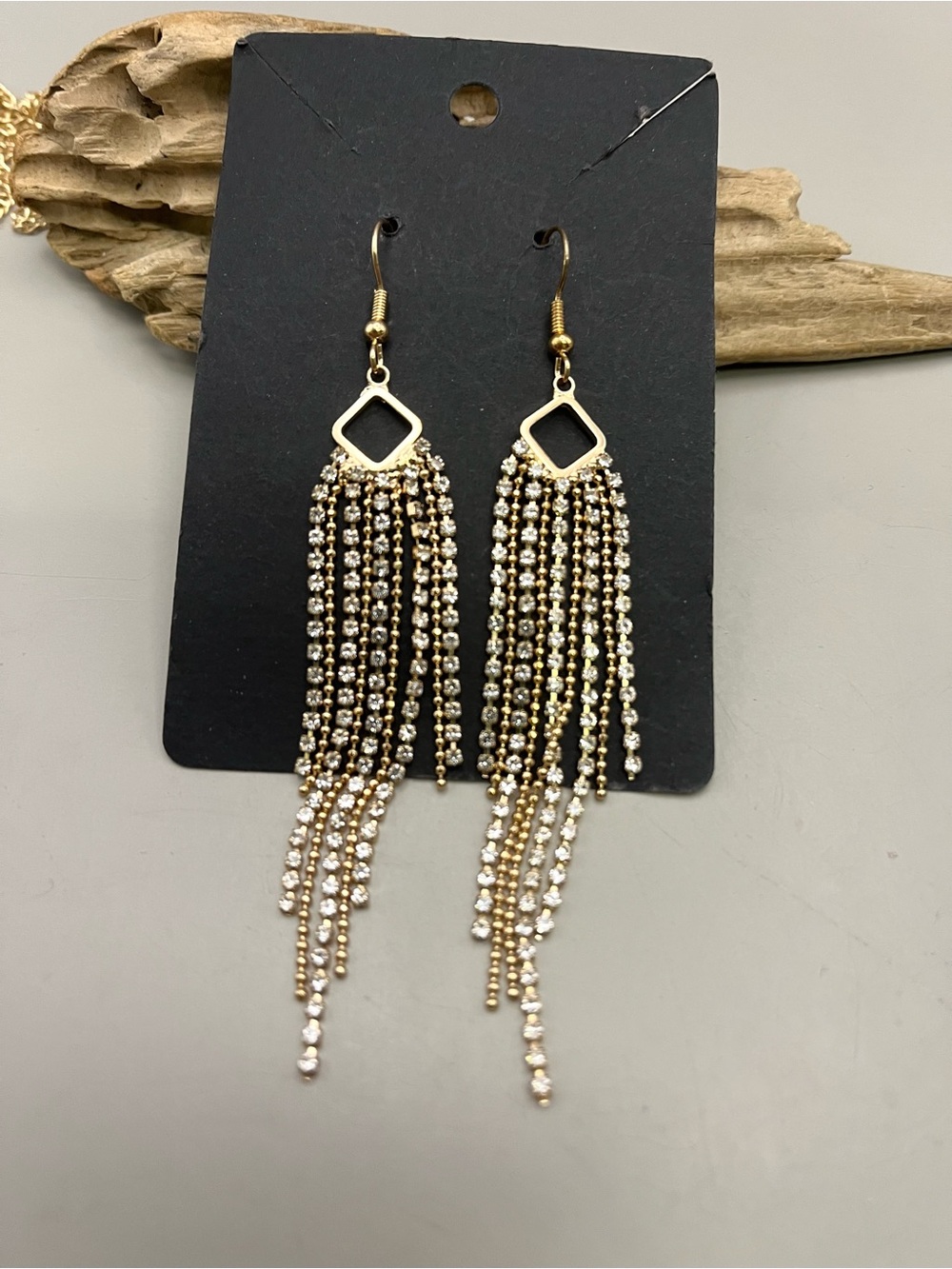 Gold Tone Crystal Fringe Dangle Earrings Long Tassel Rhinestone Statement